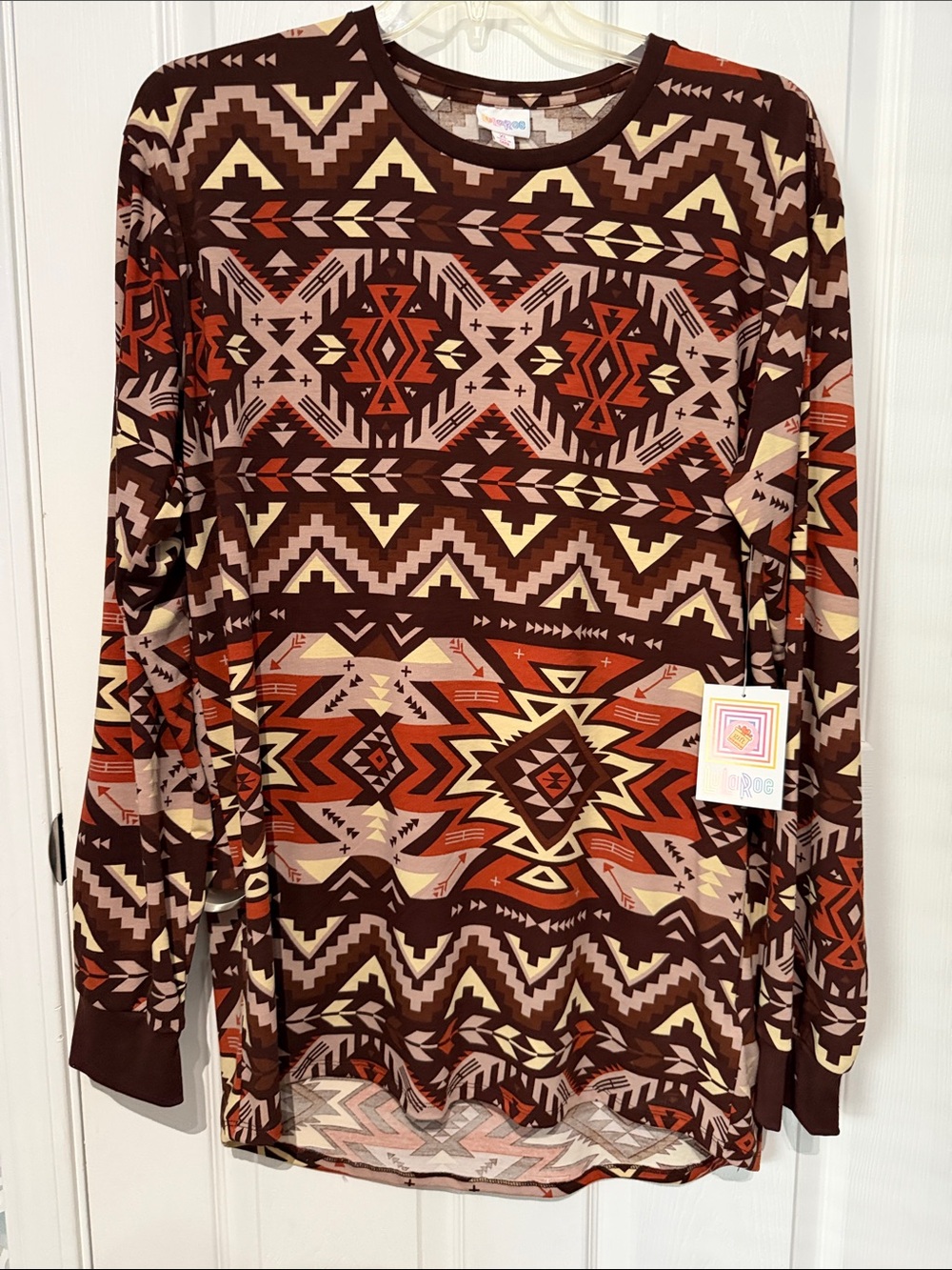 NWT LuLaRoe Brown Red Cream Aztec Print Long Sleeve Top. Size XL.